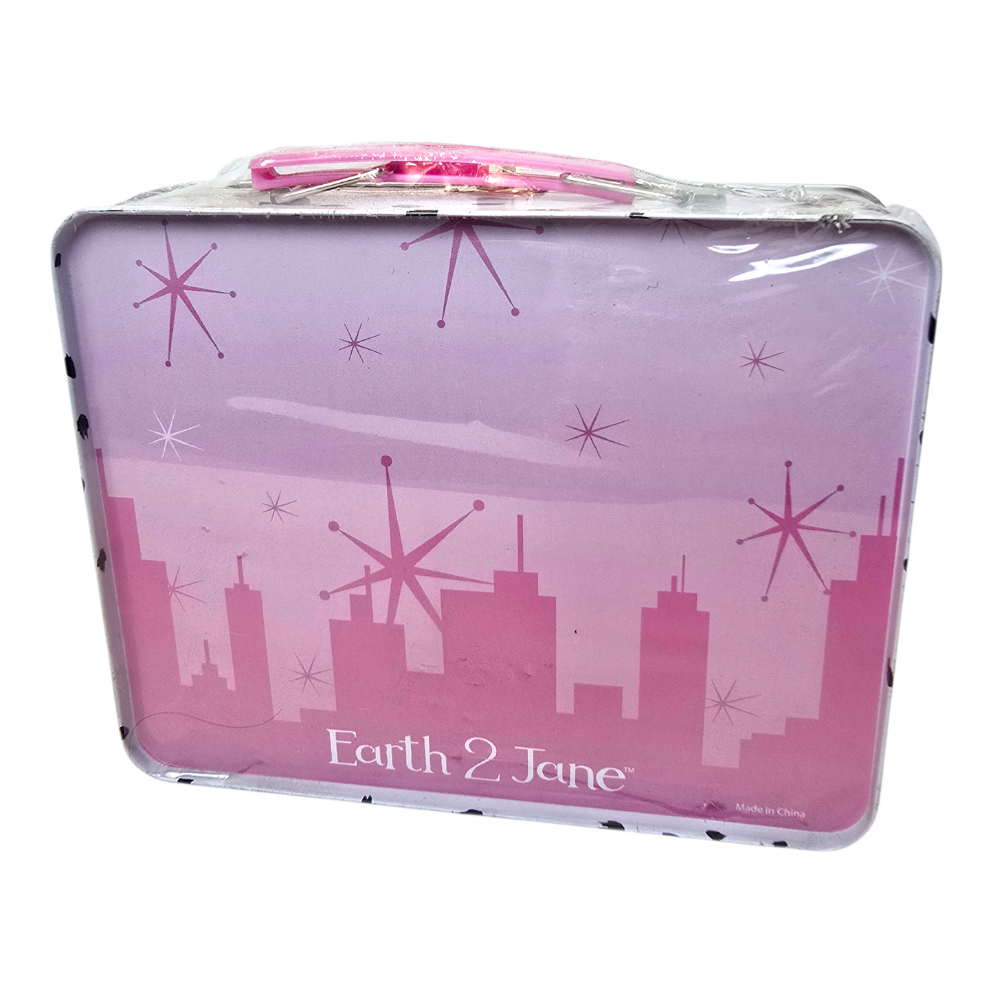Earth 2 Jane vintage Tin box, loncherita cajita de metal con reloj y muñeca de resina