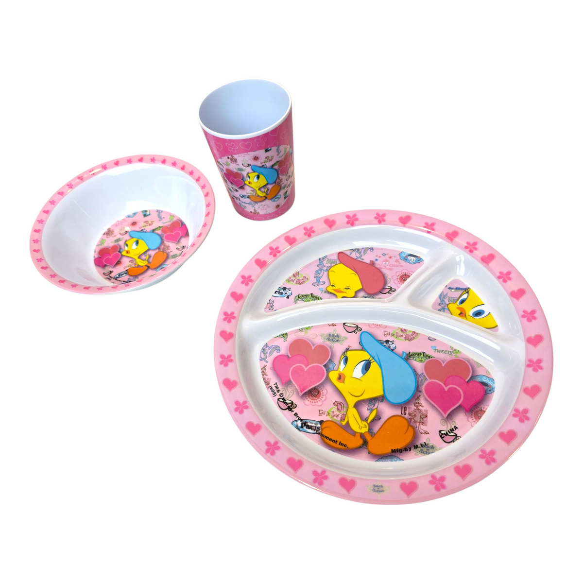 Set de platos con vaso acrílicos pequeños vintage Piolin Nuevos años 2000's