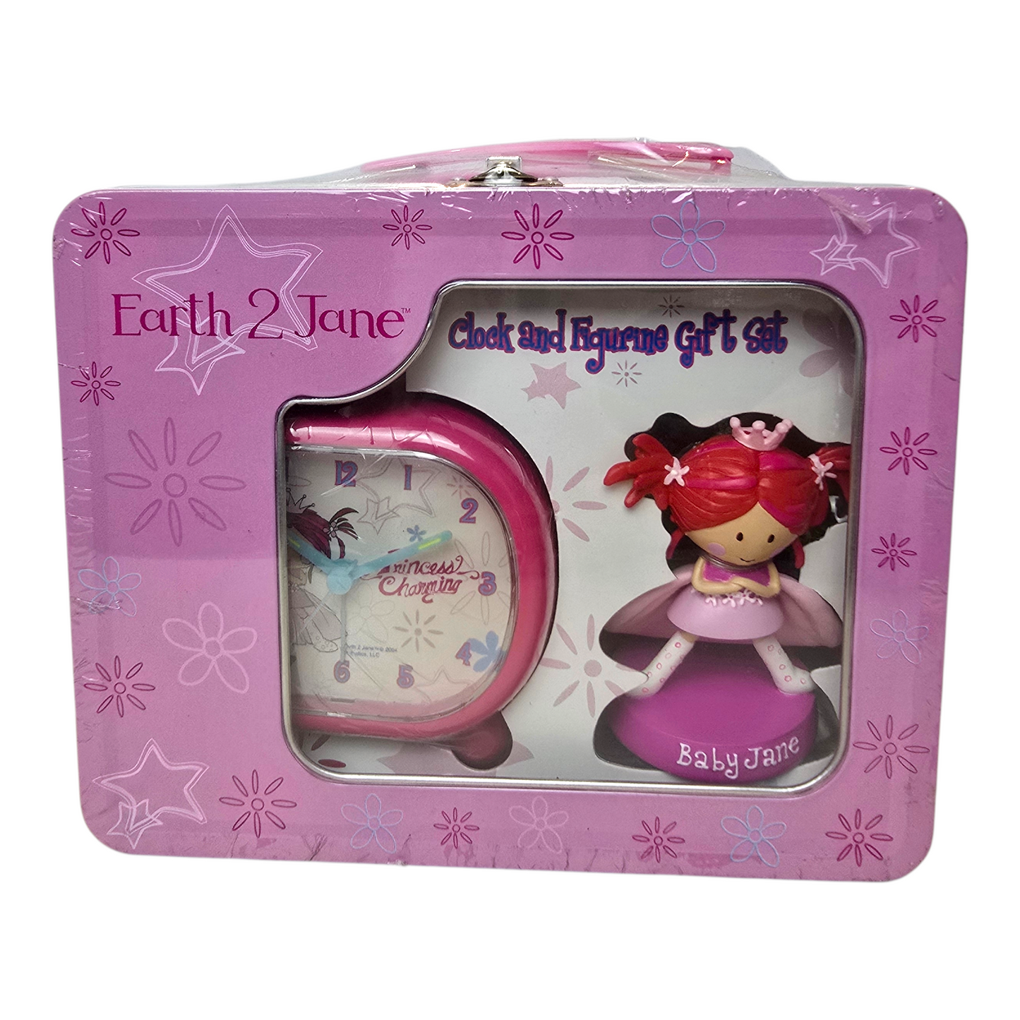Earth 2 Jane vintage Tin box, loncherita cajita de metal con reloj y muñeca de resina