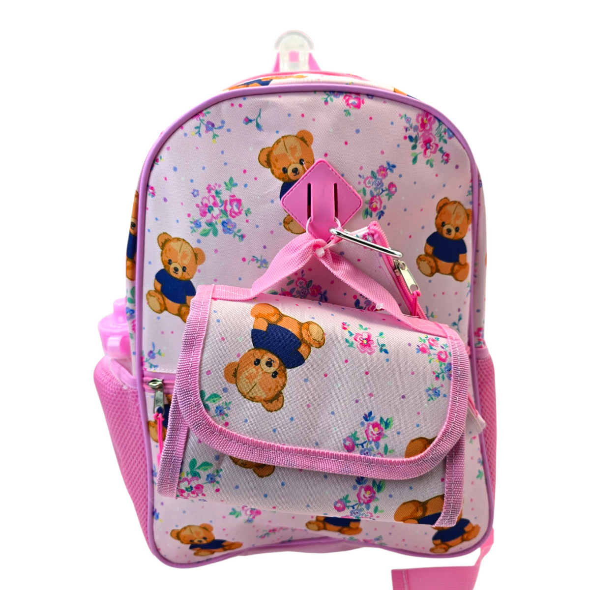 Mochila Backpack de ositos con lonchera termo y estuche rosa 43x30cm aprox