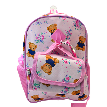 Mochila Backpack de ositos con lonchera termo y estuche rosa 43x30cm aprox