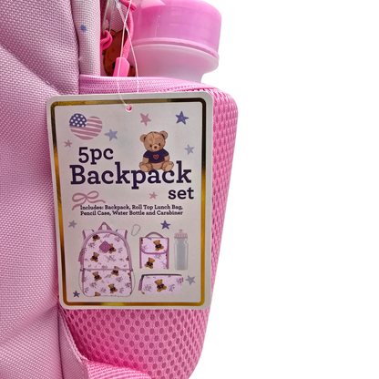 Mochila Backpack de ositos con lonchera termo y estuche rosa 43x30cm aprox
