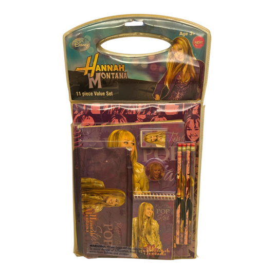 Años 2000s Hannah Montana Vintage set de Papelería acetato amarillento roto debilitado por sol(ya se está deshaciendo el empaque 😅 )