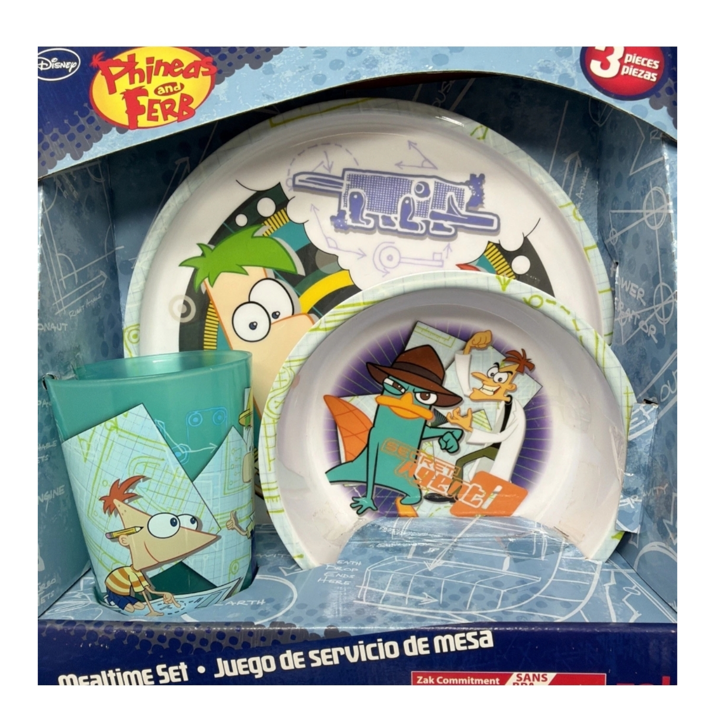 Phineas & Ferb Set de platito vintage de melamina acrílicos pequeños  Cajas con detalles estéticos por la edad