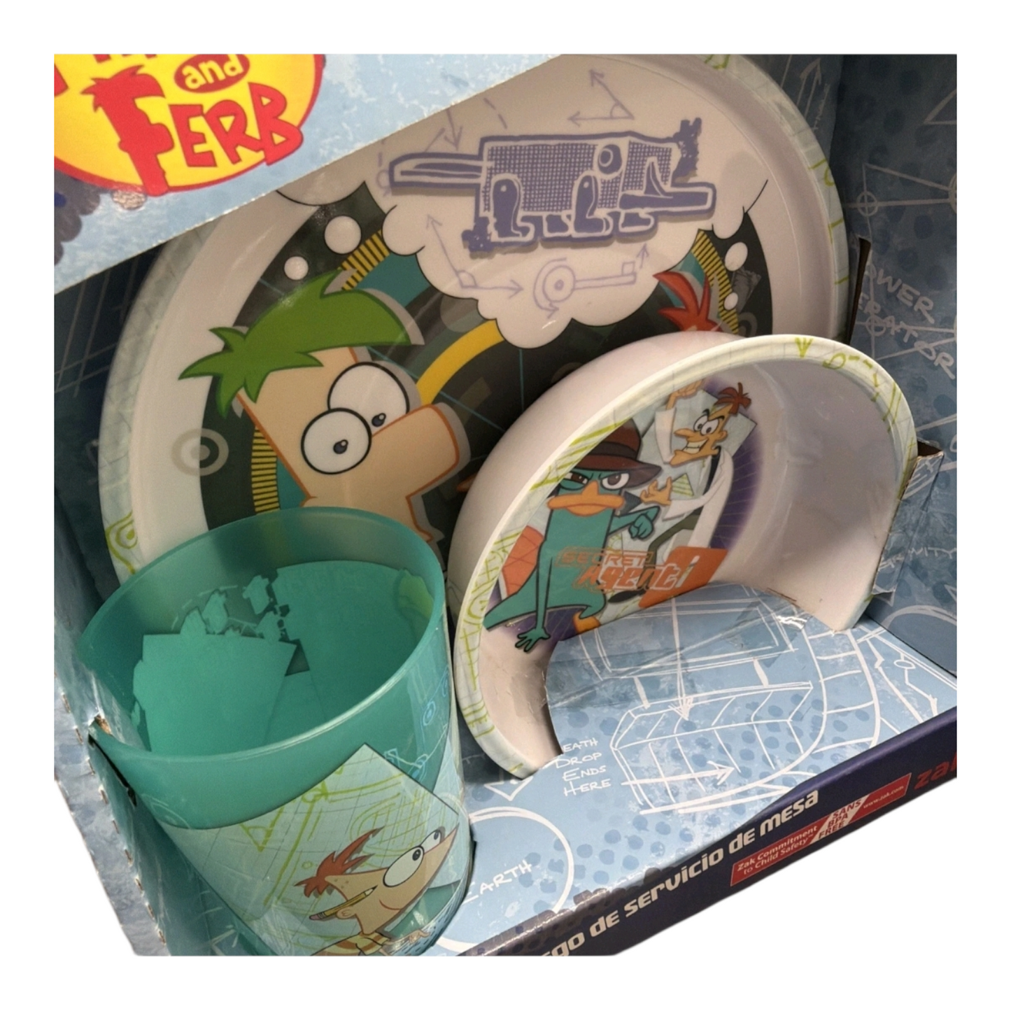Phineas & Ferb Set de platito vintage de melamina acrílicos pequeños  Cajas con detalles estéticos por la edad