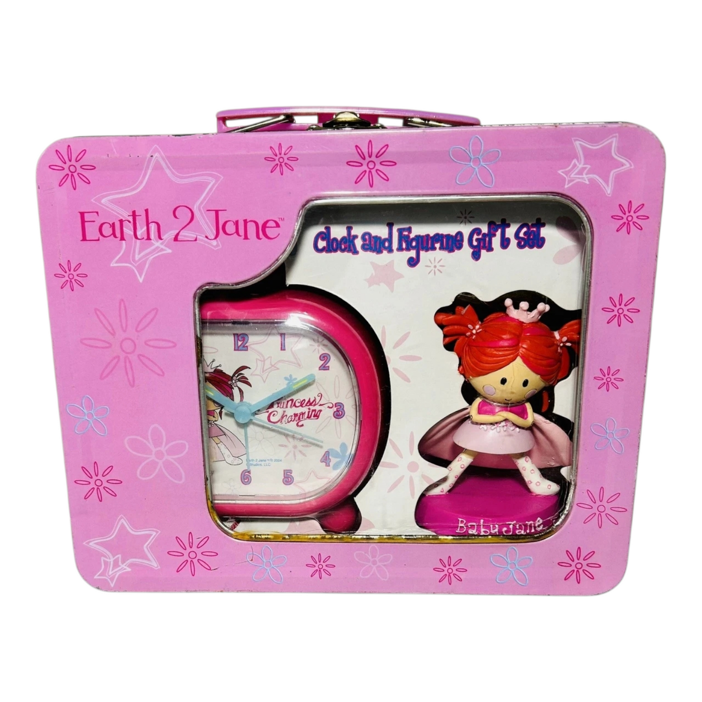 Earth 2 Jane vintage Tin box, loncherita cajita de metal con reloj y muñeca de resina