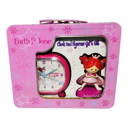 Earth 2 Jane vintage Tin box, loncherita cajita de metal con reloj y muñeca de resina