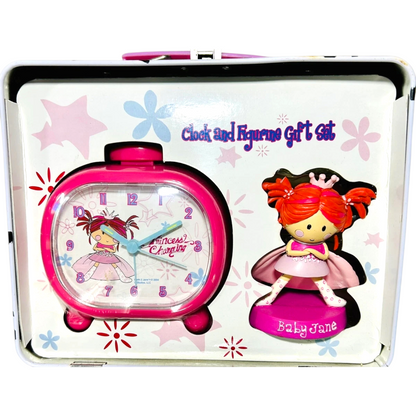 Earth 2 Jane vintage Tin box, loncherita cajita de metal con reloj y muñeca de resina